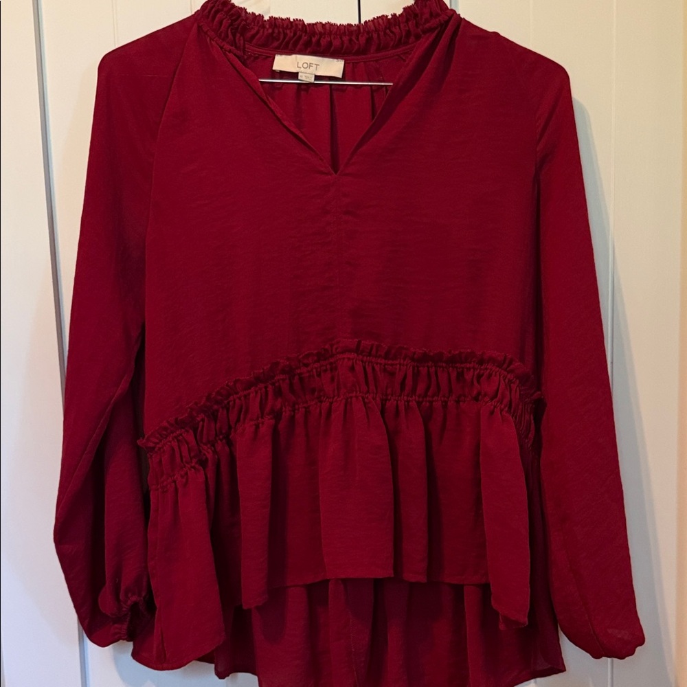 LOFT Deep Burgundy Ruffled Peplum Long-Sleeve Blouse